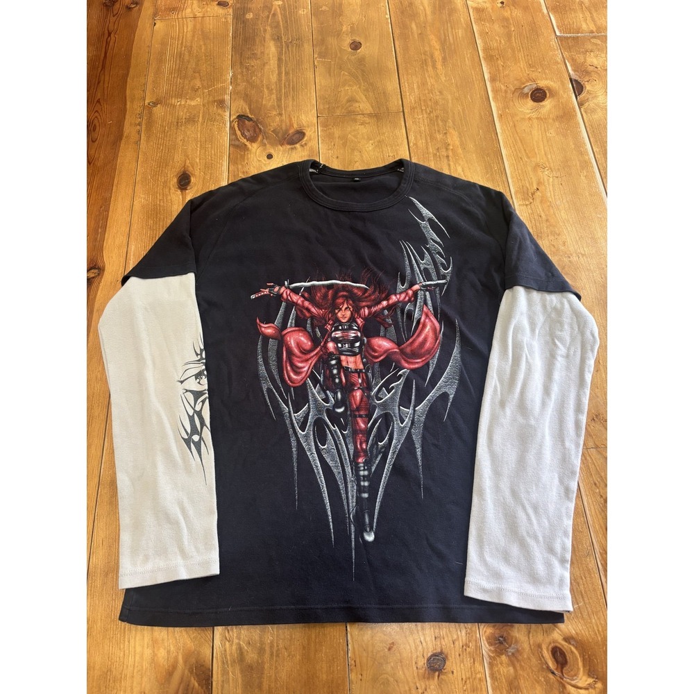 Vintage Y2K Goth Cyberpunk Warrior Woman Layered Long Sleeve T-Shirt Men's XL
